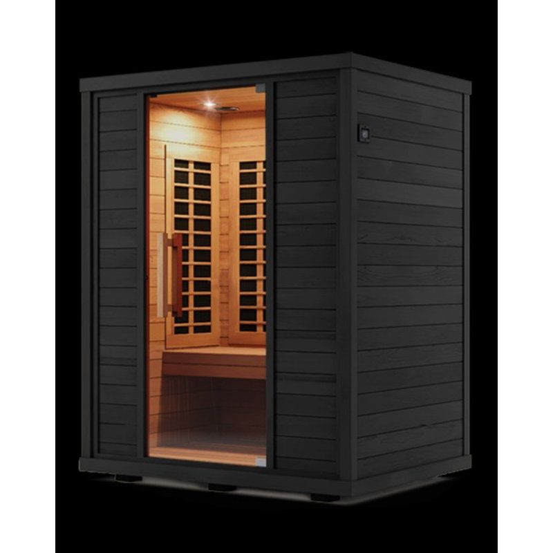 Compact wooden sauna cabin with open door, warm interior lighting, and dark exterior panels