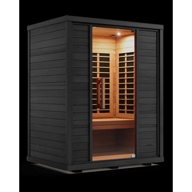 Black wooden sauna with a glass door and warm interior lighting on a dark background infrared sauna