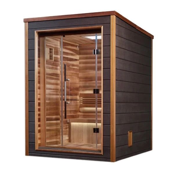 Compact wooden sauna with glass door and interior bench seating