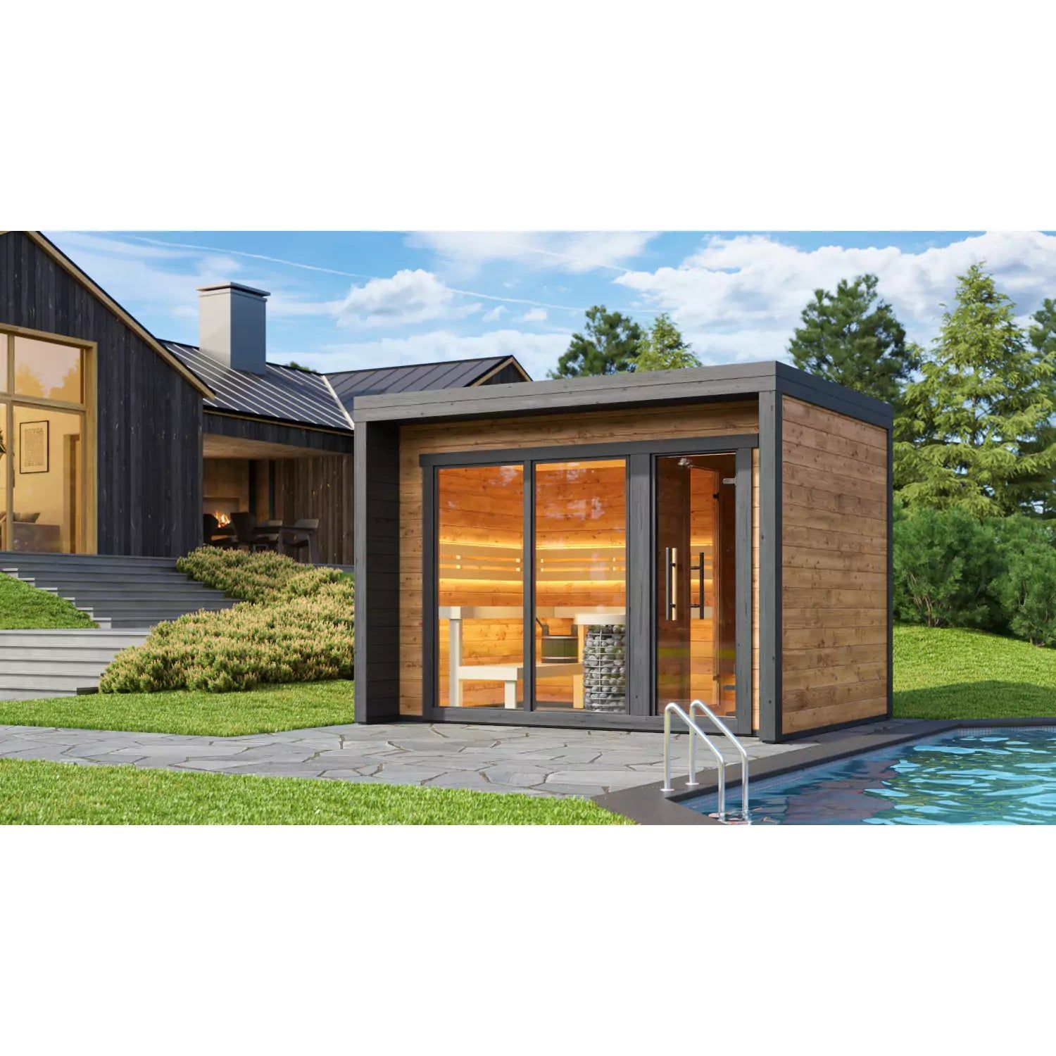 Modern poolside sauna with wood siding and glass doors beside a contemporary house
