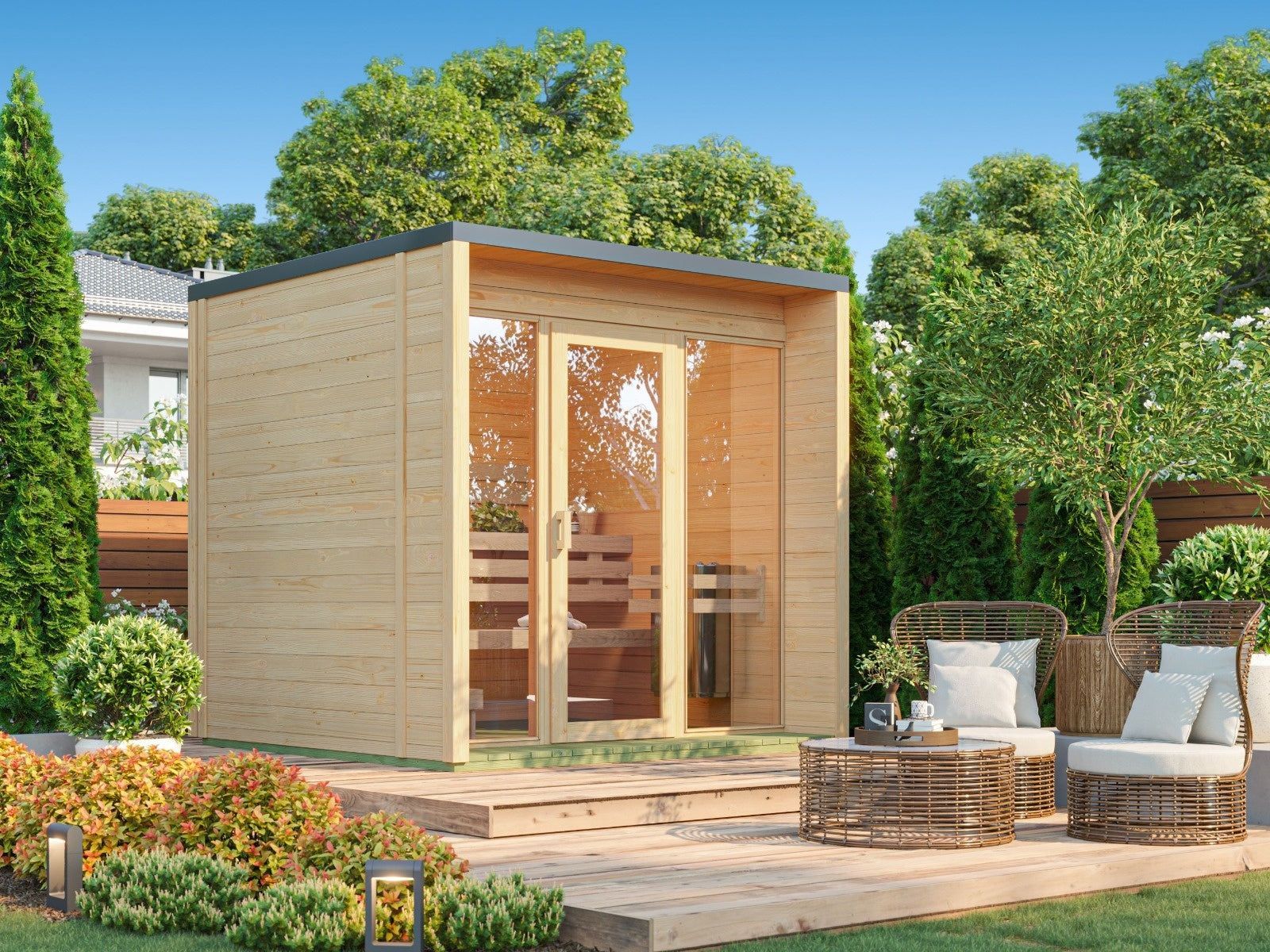 Small modern wood garden shed with glass doors in a landscaped backyard patio.