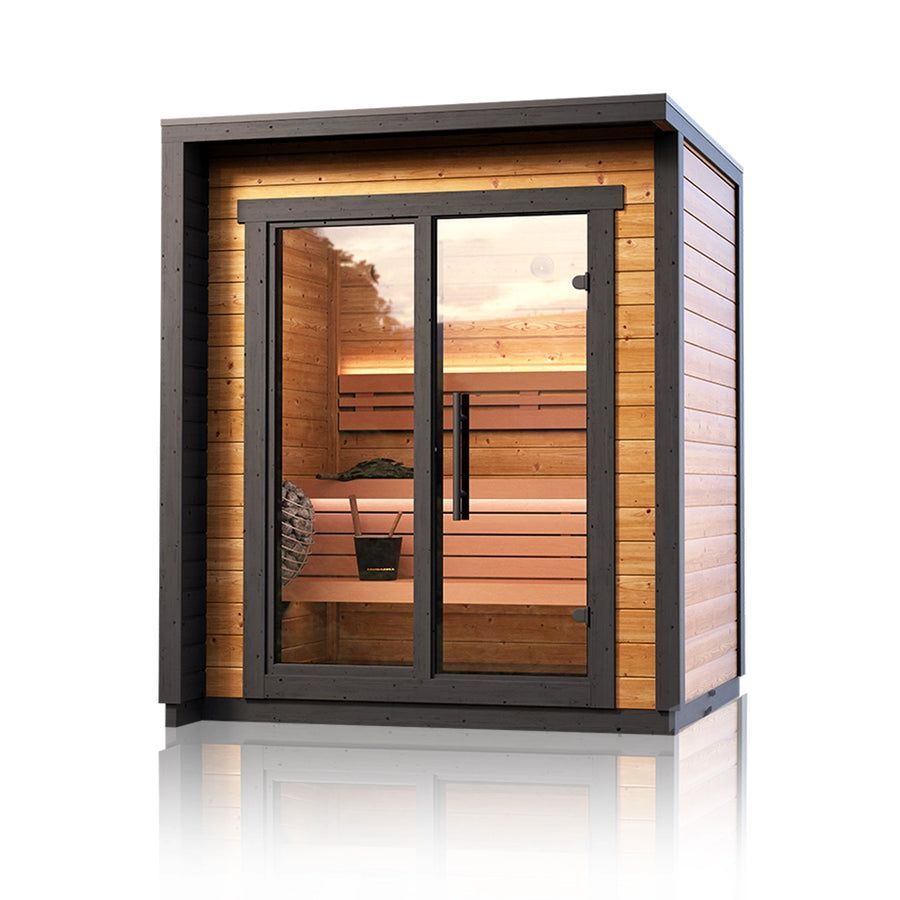 Modern wooden sauna cabin with glass front and black frame