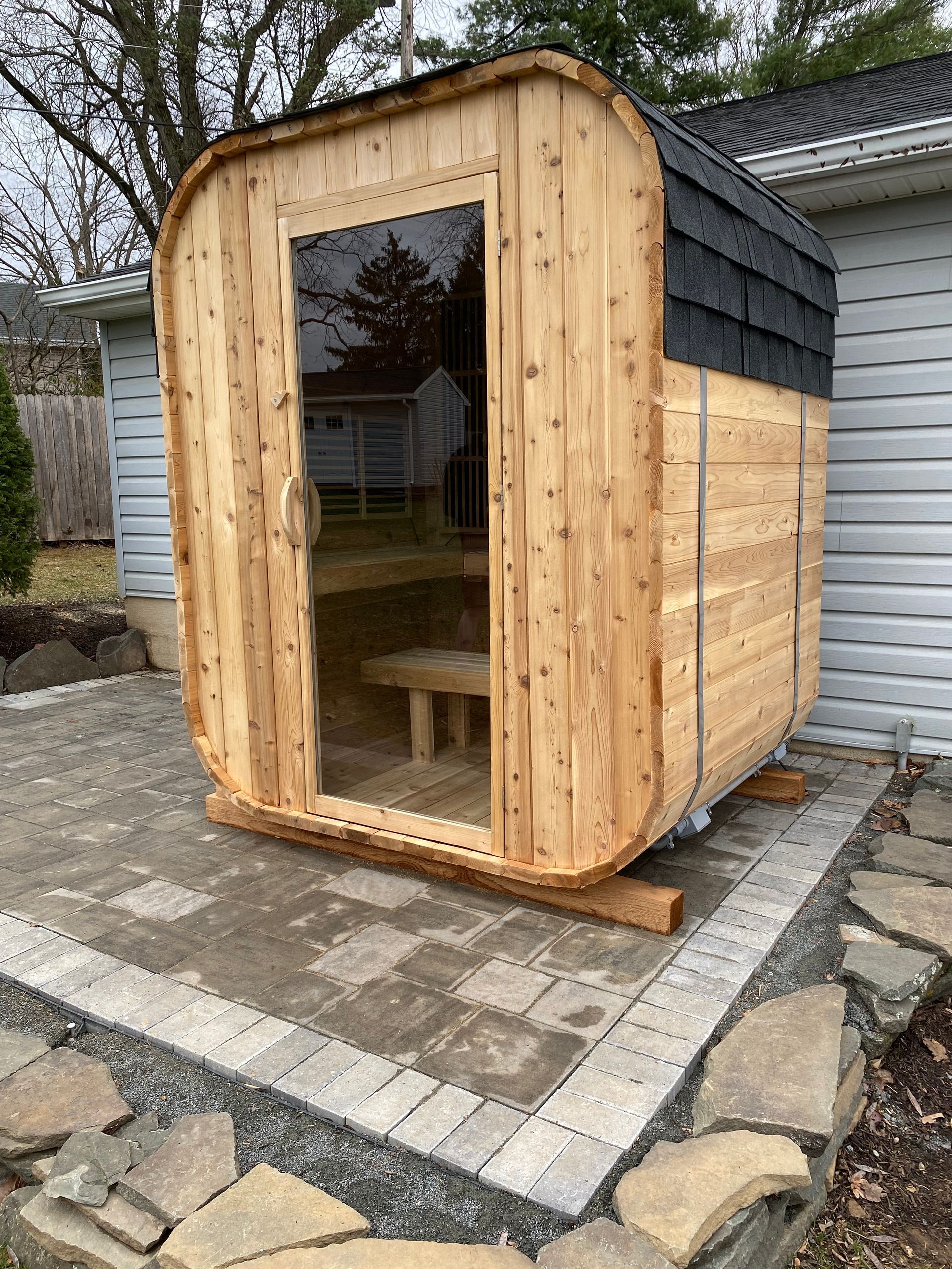 Custom Uforia Outdoor Hybrid infrared sauna built in a  Reading backyard