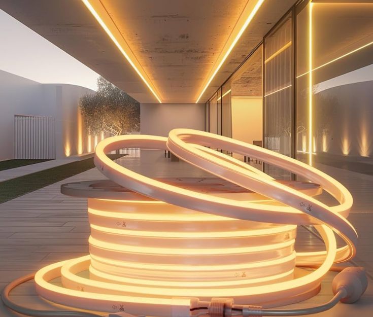 Glowing spiral light sculpture in a modern indoor courtyard with warm golden lighting