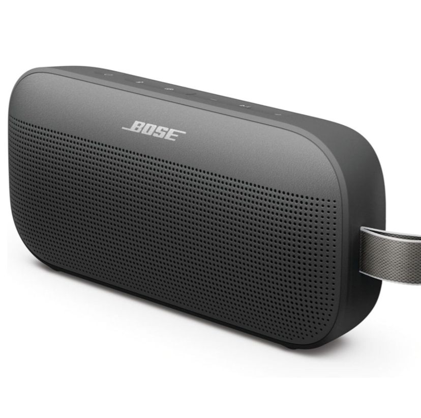 Black Bose portable Bluetooth speaker with fabric carry strap