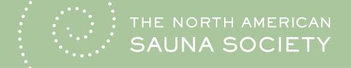 Logo for The North American Sauna Society on a pale green background with a white spiral icon