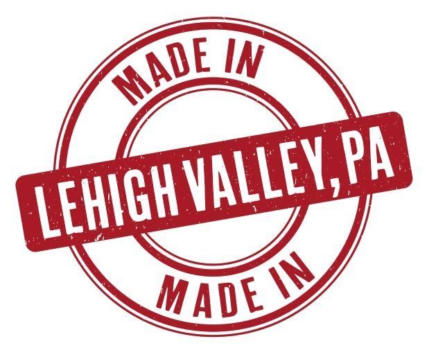 Red stamp logo reading “Made in Lehigh Valley, PA” in red and white