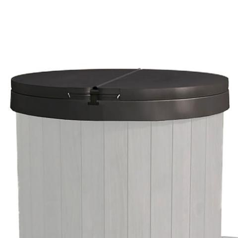 Round gray storage container with a black lid and latch