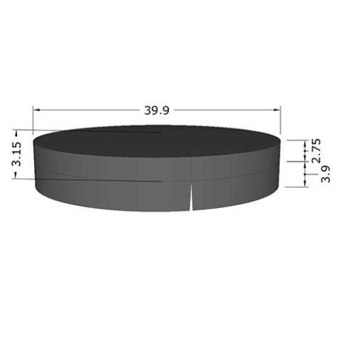 Gray cylindrical container with dimensions marked 39.9 wide, 3.15 high, and 2.75 deep