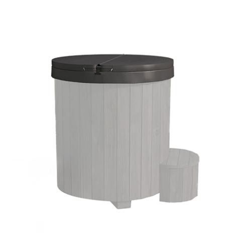 Gray cylindrical outdoor storage bin with black lid and a small matching side step or lid piece