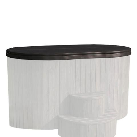 White oval hot tub with a black cover and matching steps.