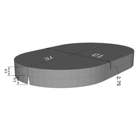 Gray oval 3D object with dimension labels, shown in perspective on a white background