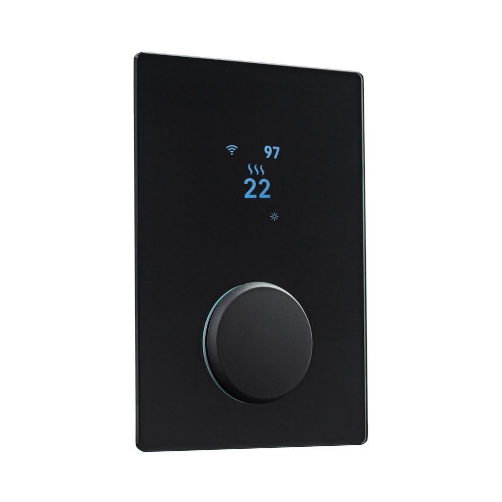 Black wall-mounted touchscreen thermostat with a round dial and blue digital display