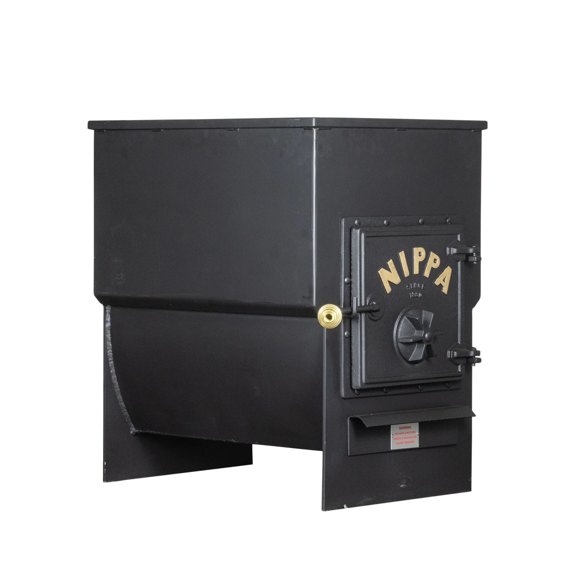 Black metal Nippa wood-burning stove with front door and stovepipe opening