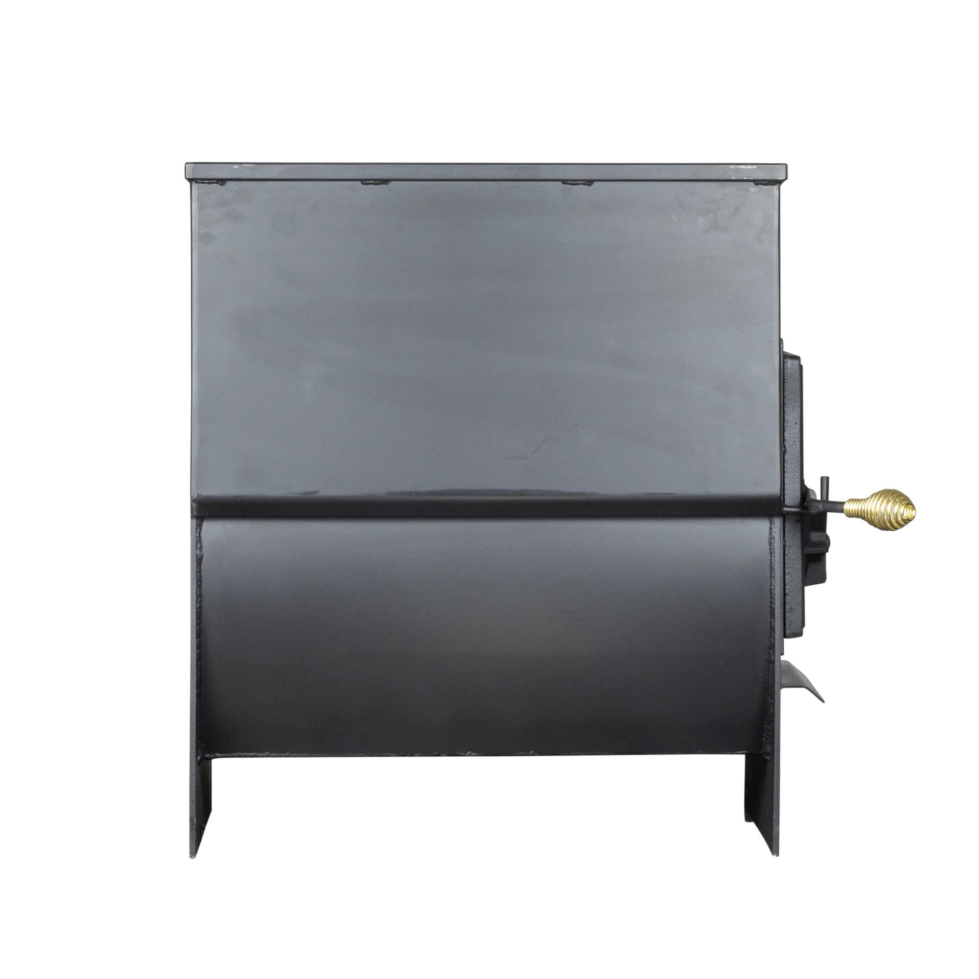 Black metal box with a side crank and gold knob, shown against a white background