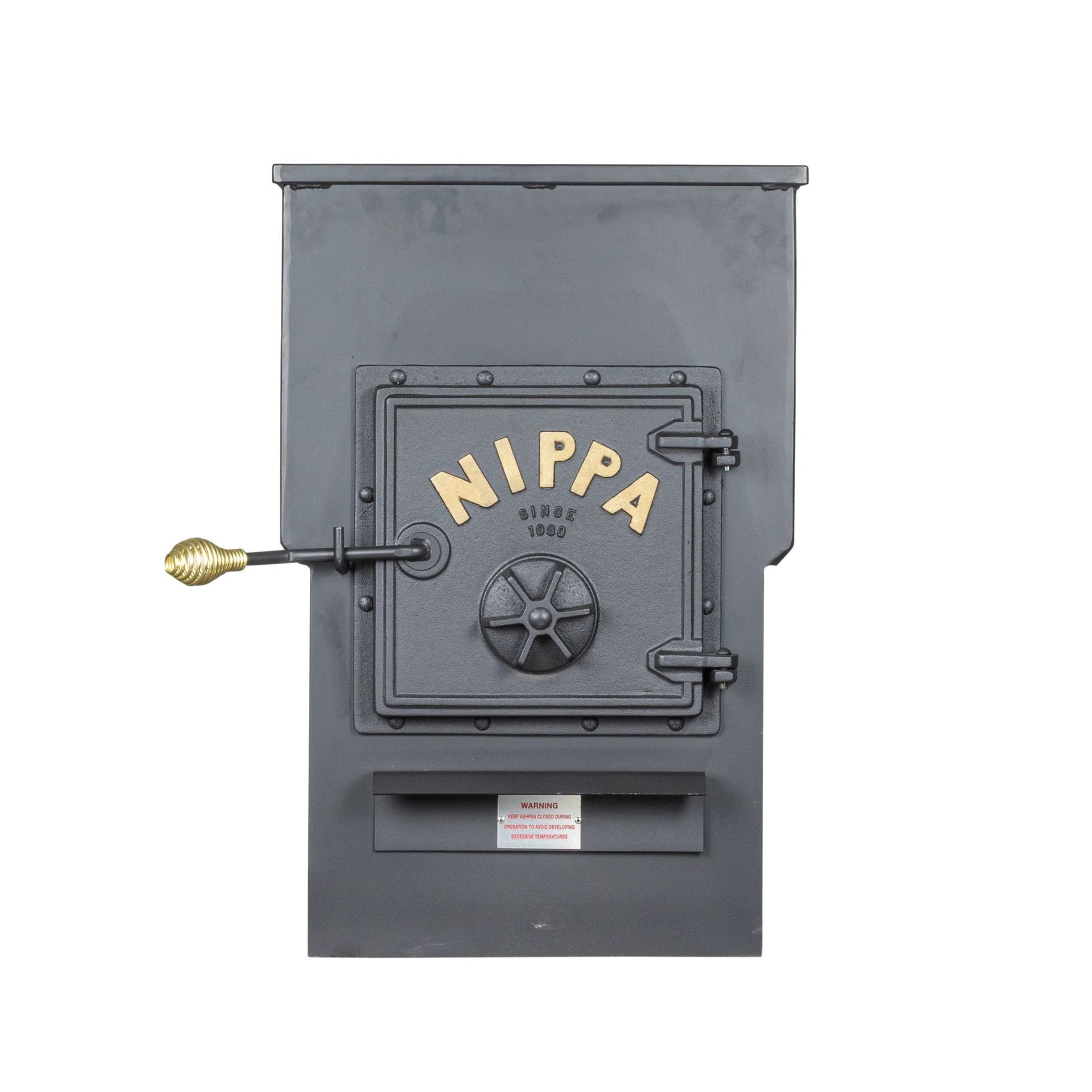 Gray NIPPA metal furnace door with gold handle and lettering on a white background