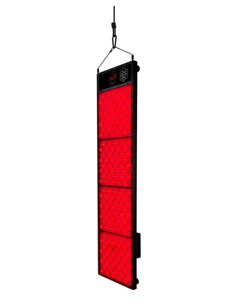 Red hanging LED grow light panel with black frame and power cord