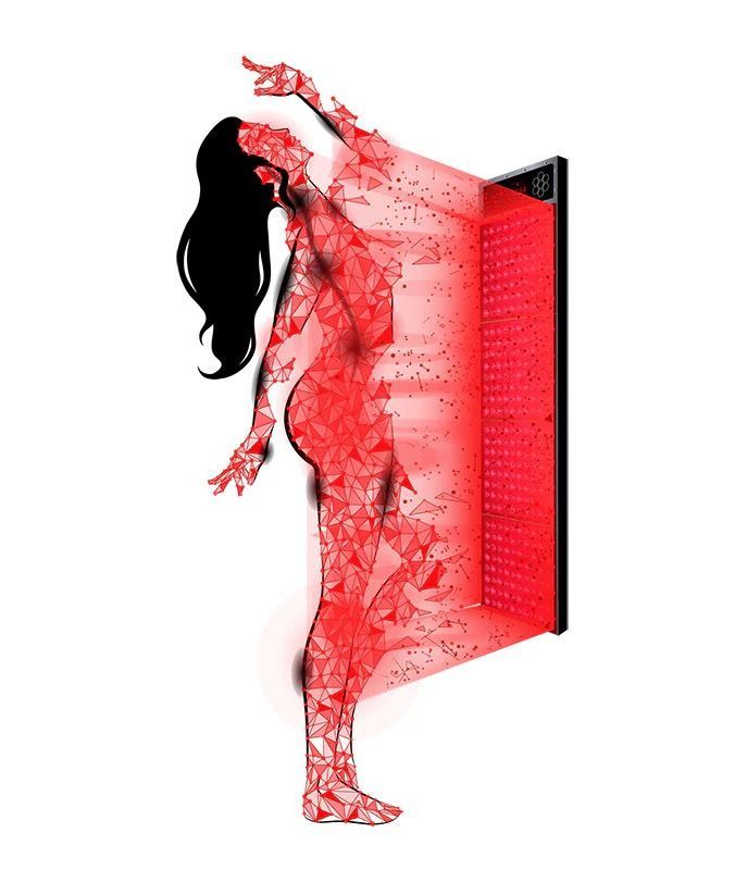 Silhouette dissolving into red particles against a glowing red rectangular screen