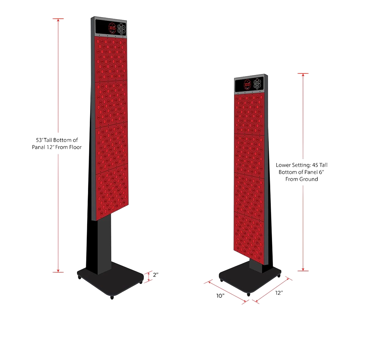 Two views of a tall red textured floor sign on a black base, shown with measurement arrows.