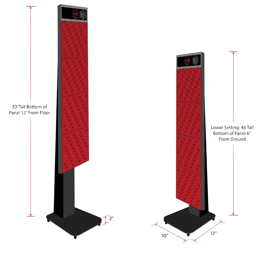 Tall red patterned freestanding display on a black base, shown in two angled views with dimension labels.