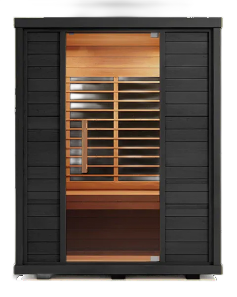 Black outdoor sauna cabin with wooden interior and open front door