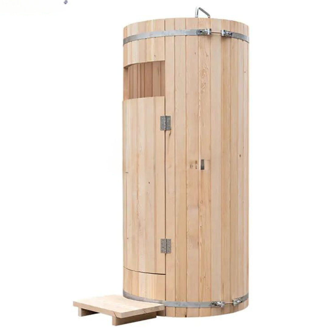 Cylindrical wooden outdoor shower with a small step platform and metal bands