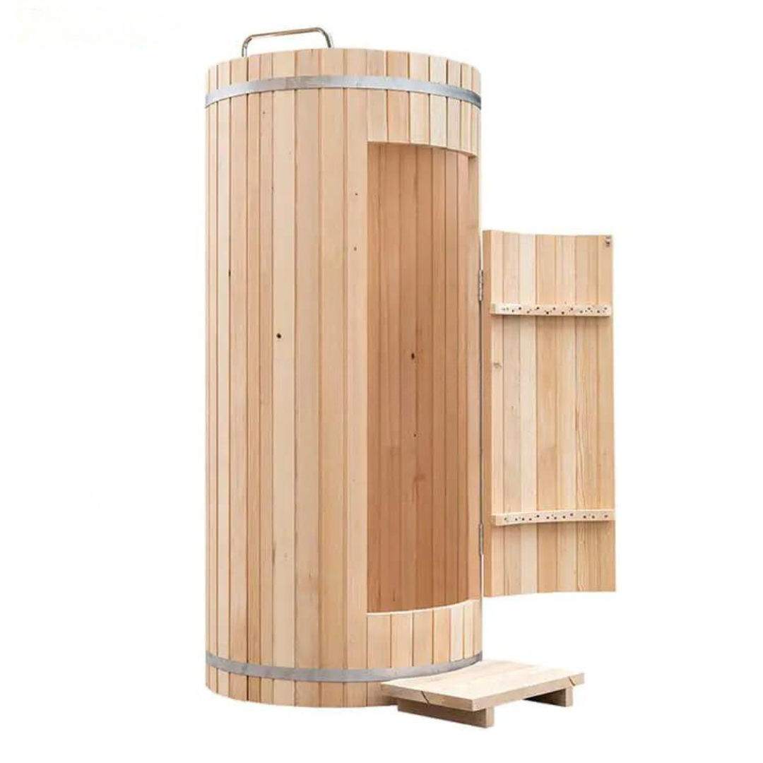 Wooden outdoor sauna with open door and small step stool