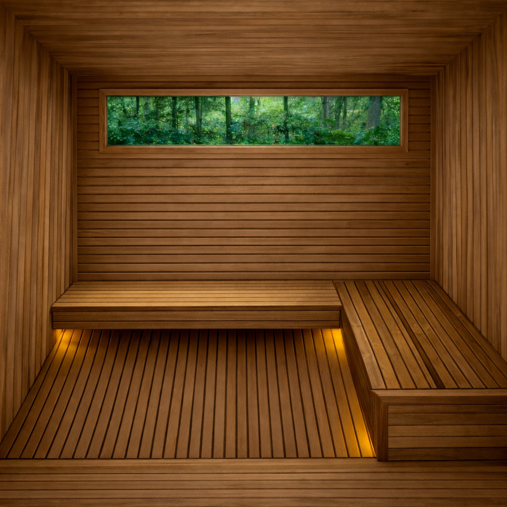 Wood-paneled sauna with built-in benches and a narrow forest-view window