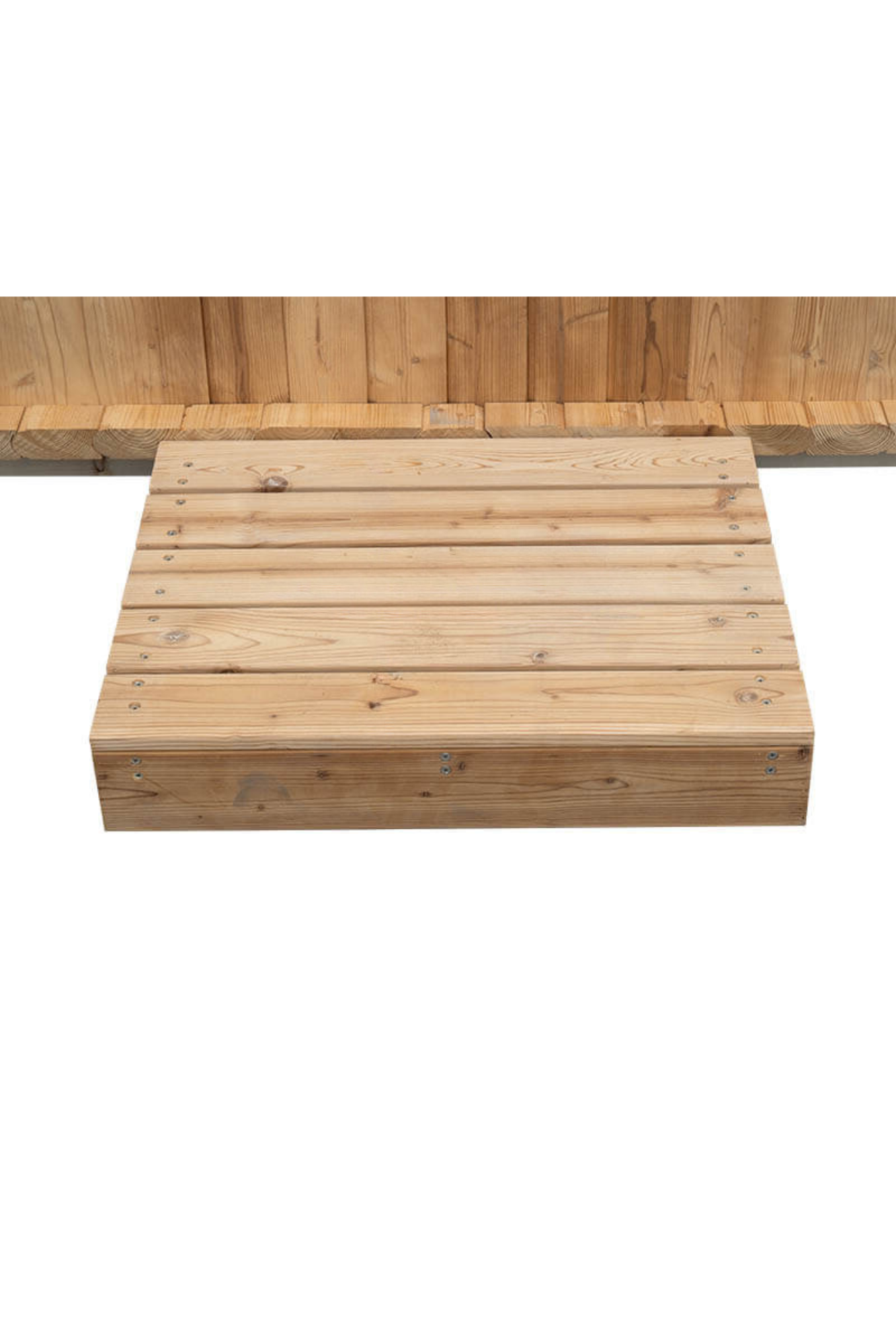 Wooden step platform with a matching wood wall backdrop on a white background