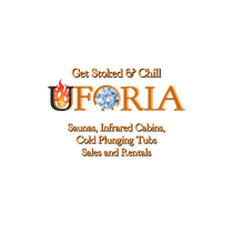 A logo for uforia saunas , infrared cabins , cold plunging tube sales and rentals