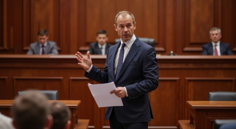 Man in suit gestures, speaking in a courtroom; judges and audience seated.