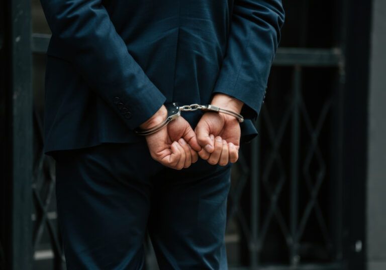 Person in a suit with hands cuffed behind their back, standing in front of a building.