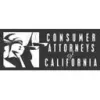 Consumer Attorneys of California logo: Black and white. Person holding scales, text.