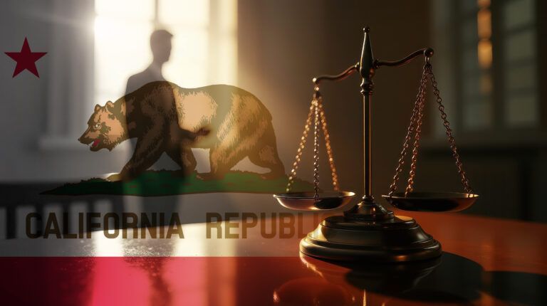 California flag with a bear and scales of justice on a desk in a courtroom.