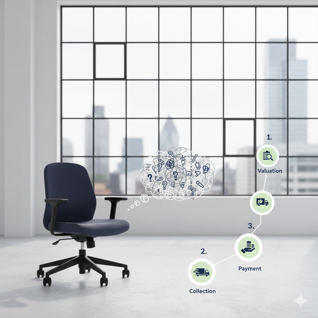 Office chair with thought bubble of symbols, workflow diagram: order, collection, payment.