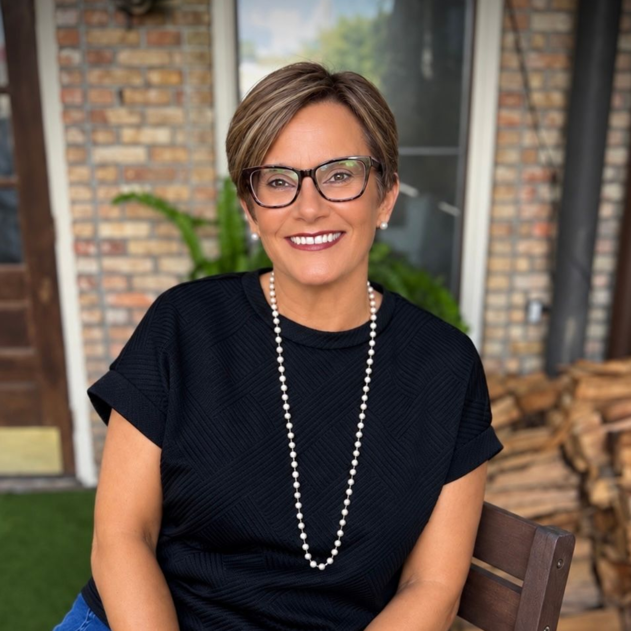Smiling woman in glasses and black top, seated outdoors on a patio with brick wall and plants.