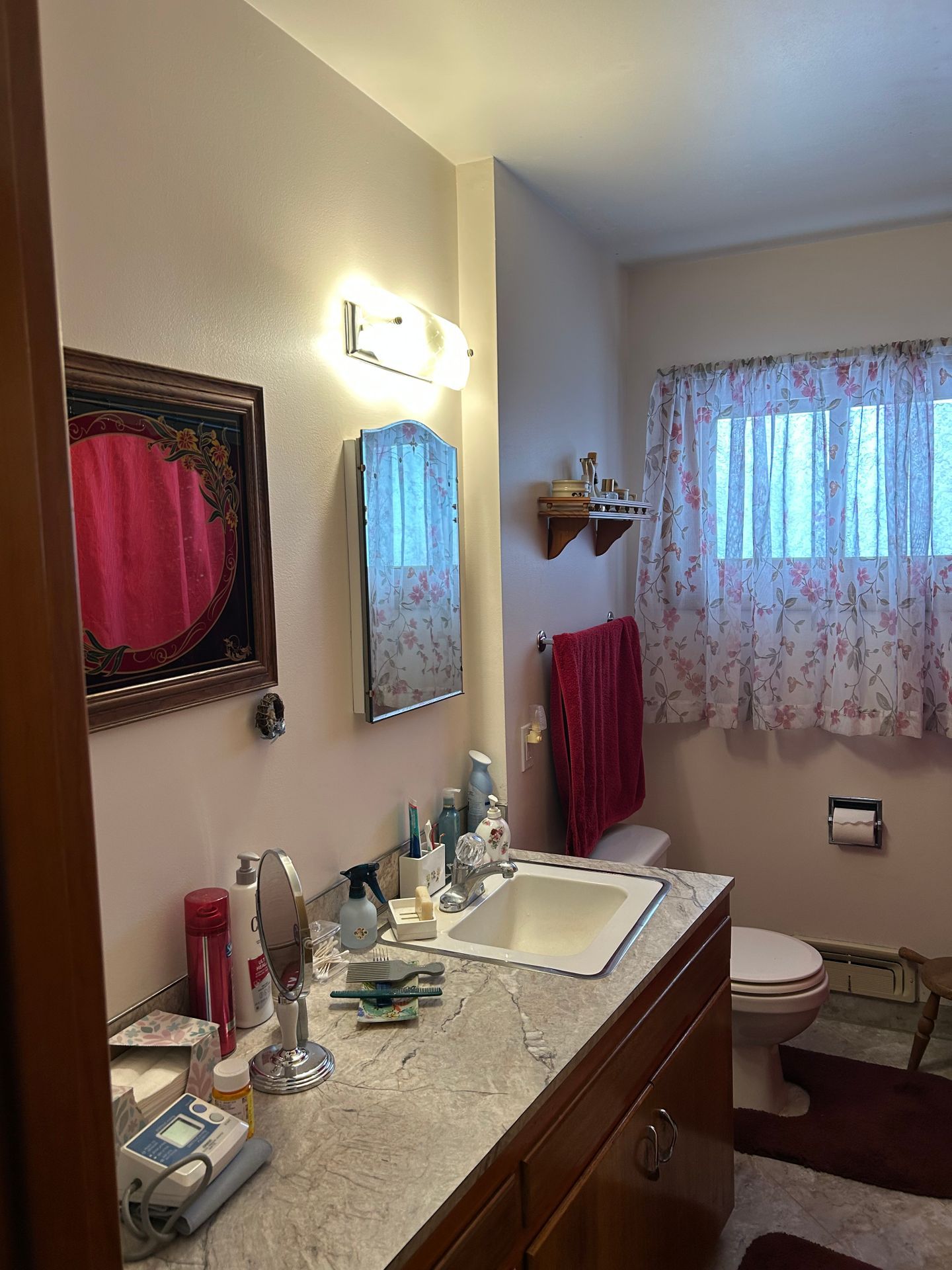 Small bathroom with a vanity, sink, mirror, toilet, wall sconce, and pink shower curtain.