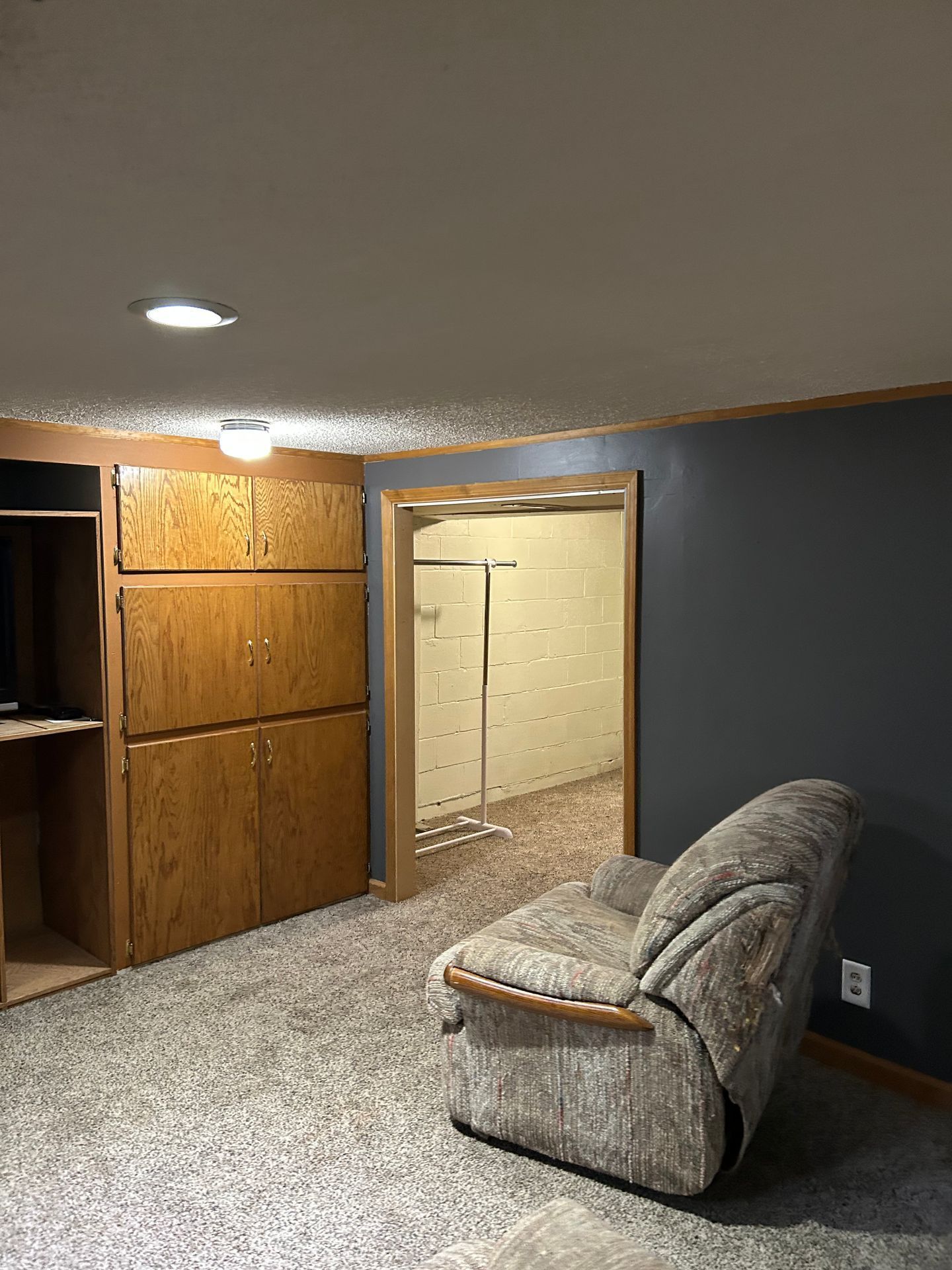 Basement room with gray walls, wood cabinets, and a recliner near an open doorway to a tiled closet.