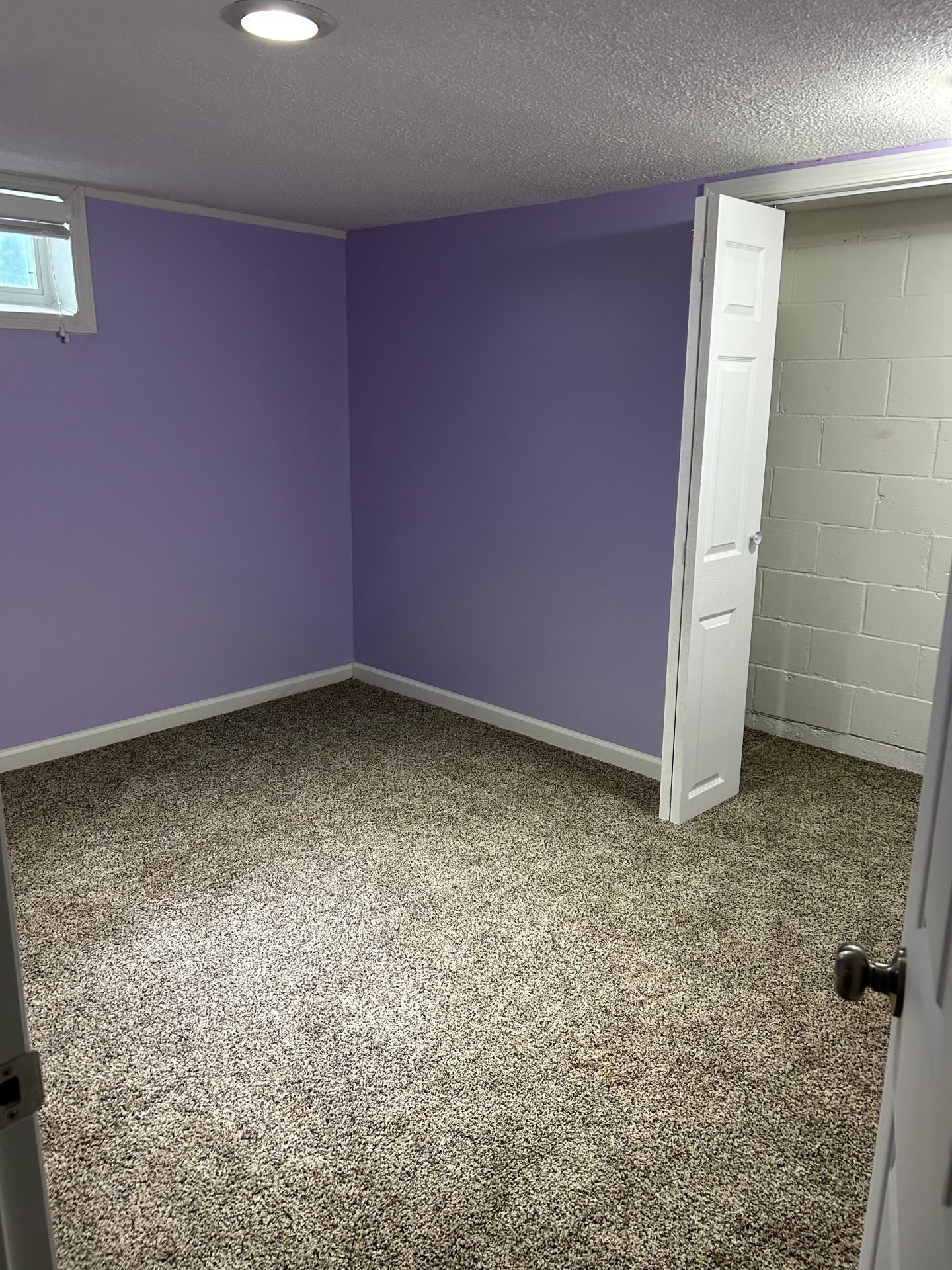 Empty room with purple walls, speckled carpet, ceiling light, small window, and open white door to closet.