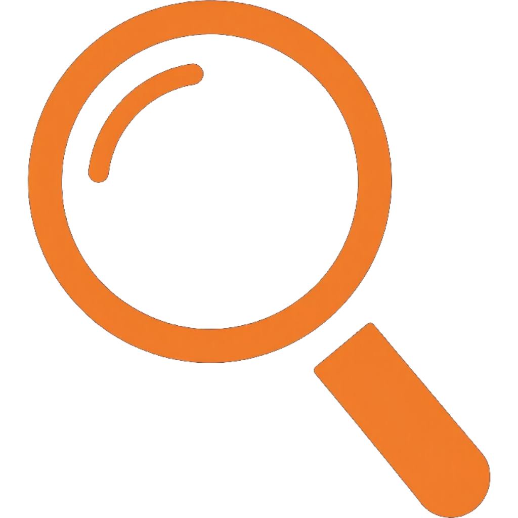 Orange magnifying glass icon with a white lens and handle, symbolizing search