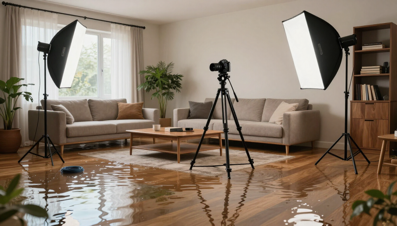 Professional flood cleanup equipment in a living room