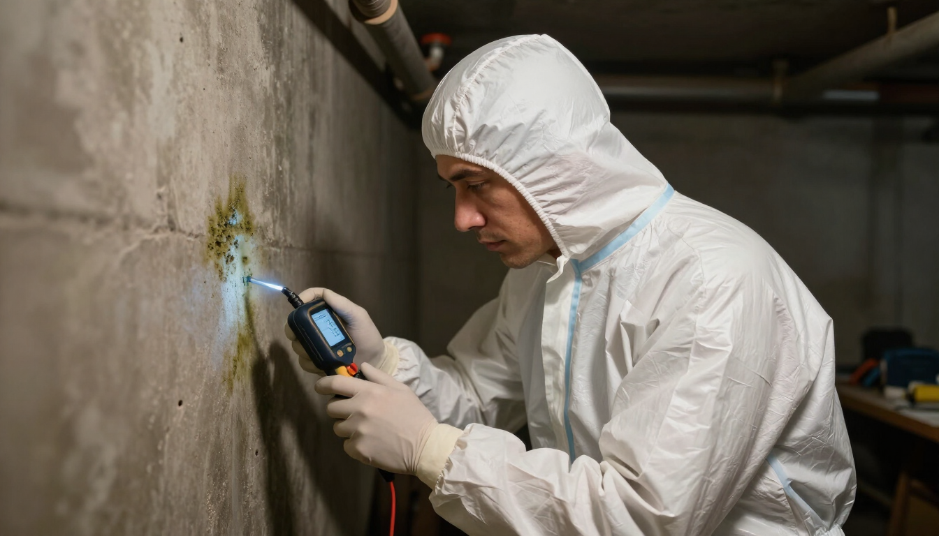 Restoration technician checking moisture levels