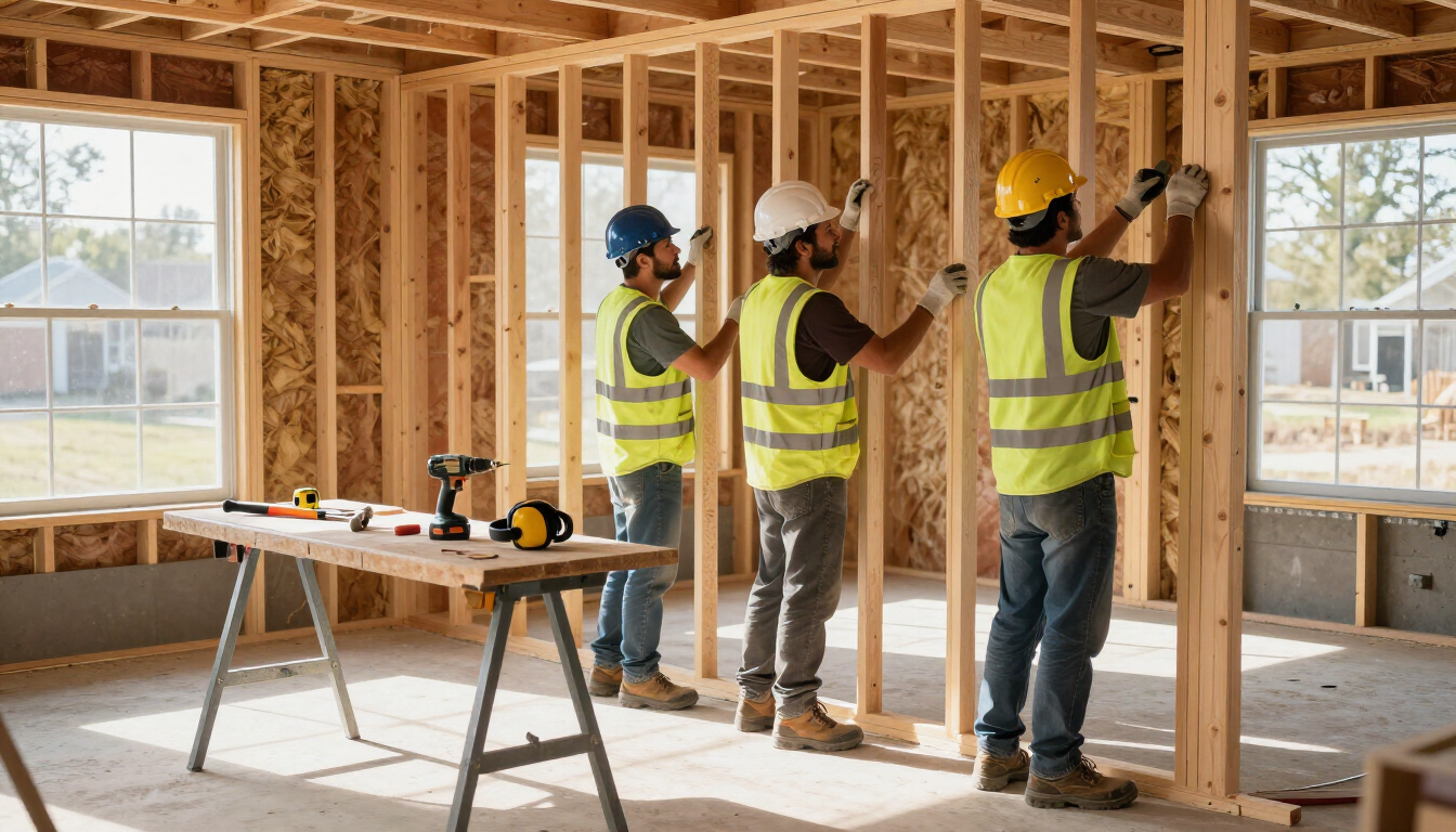 Professional crew framing a home