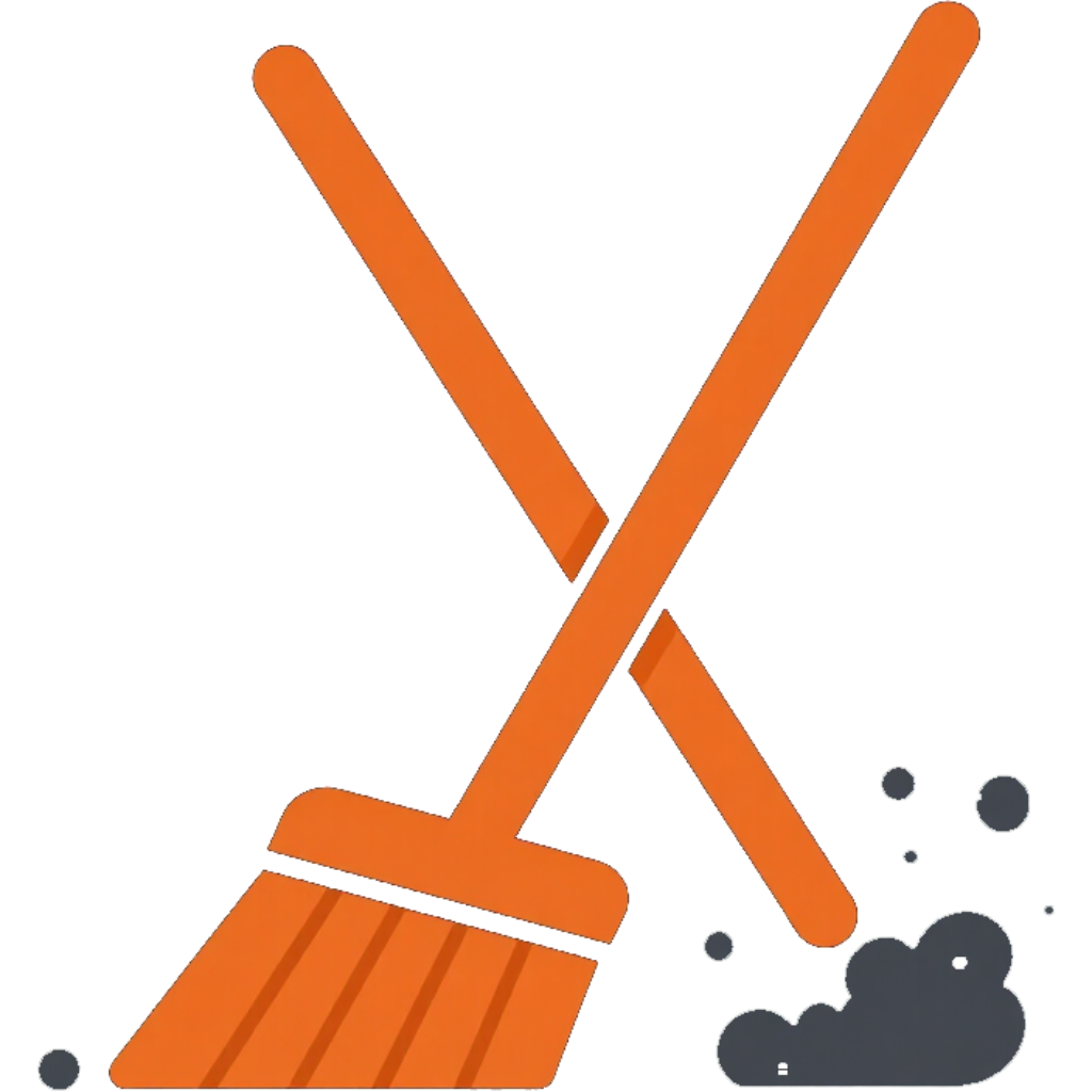 Orange broom and mop crossed over a small gray dust pile on a white background.