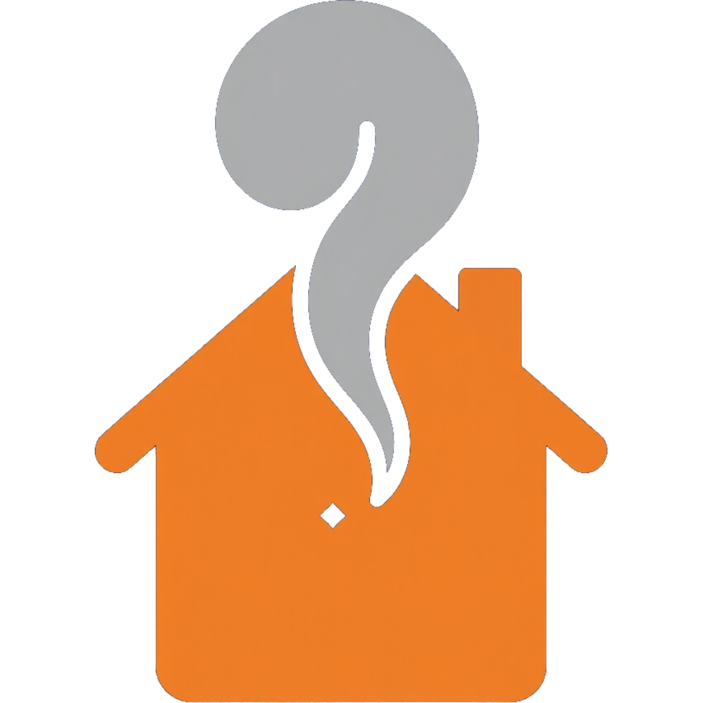 Orange house icon with a gray smoke plume rising from the roof to symbolize fire or hazard