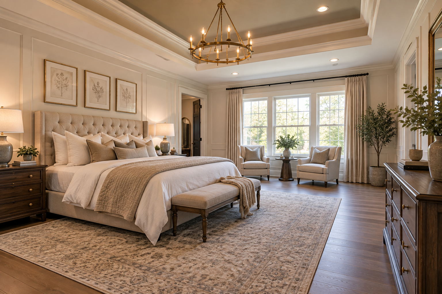 Elegant beige bedroom with tufted bed, chandelier, sitting area, and large windows overlooking greenery