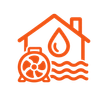 Orange icon of house with water droplet, fan, and wavy lines