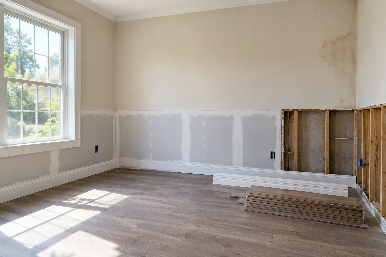 Bright empty room with white walls, large window, and unfinished drywall along one wall