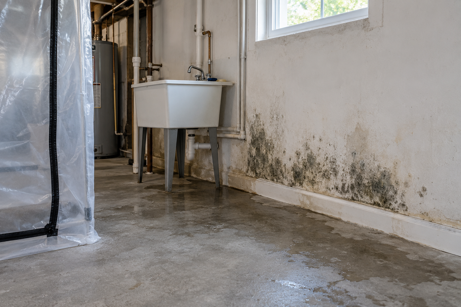 Basement laundry sink beside a window, with mold and water stains along the wall.