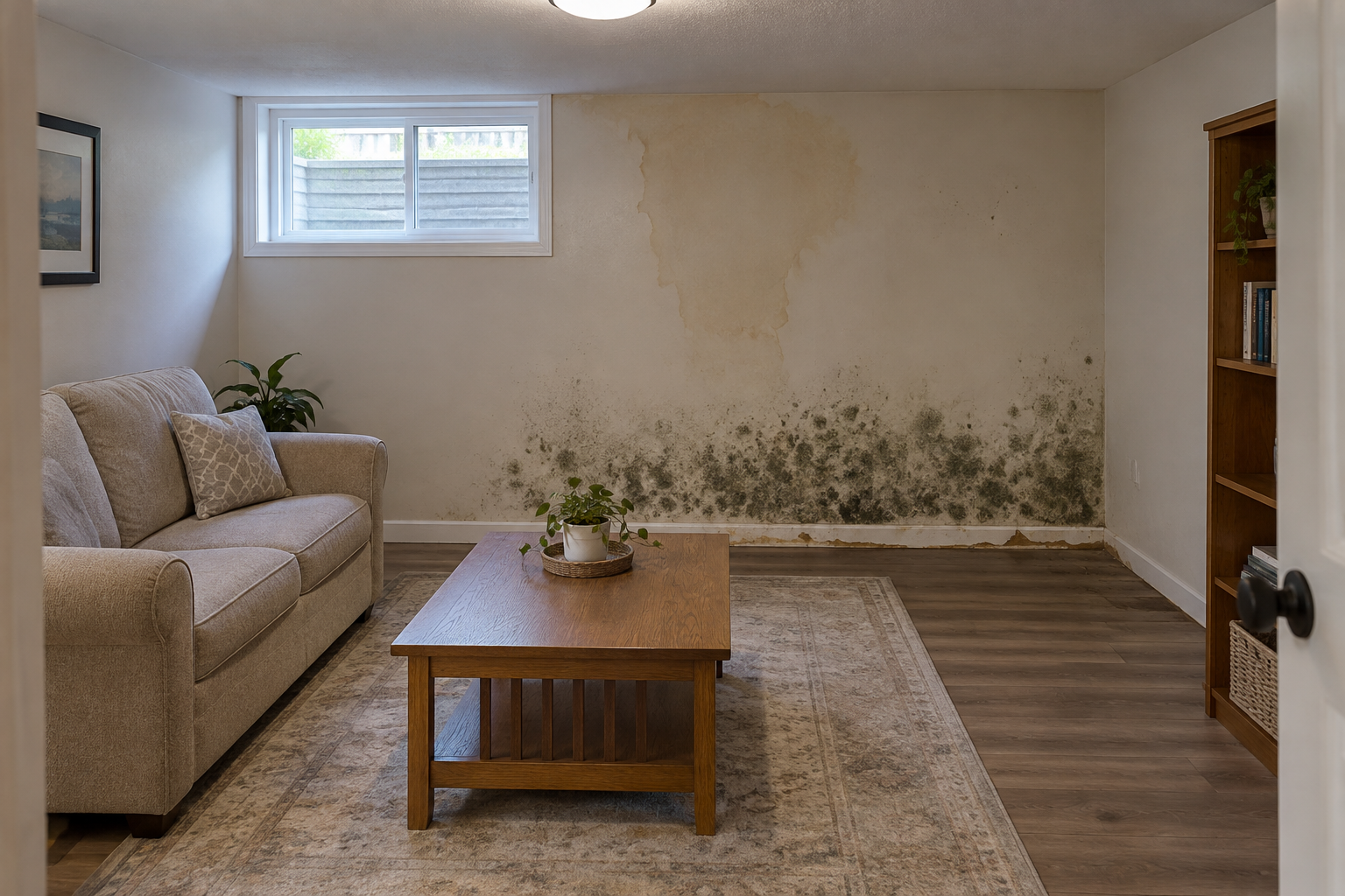 Living room with beige sofa, coffee table, rug, and moldy stains along the back wall.